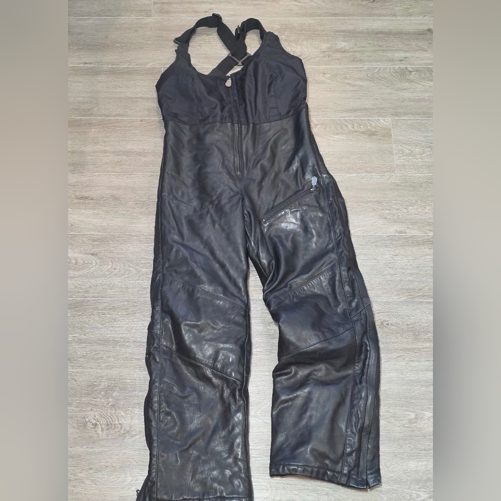 Leather Ski-Bib Snow  Pants Womans M Fleece Lined Bum-Knees Vintage? Snowmobile